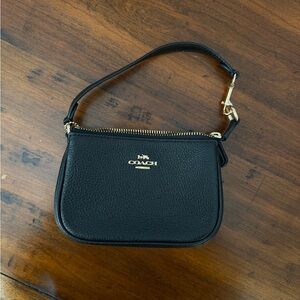 Coach Black Leather Wristlet with Gold Accents
